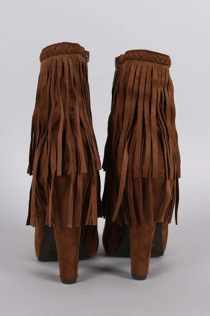 Breckelle Braided Layered Fringe Almond Toe Heeled Booties