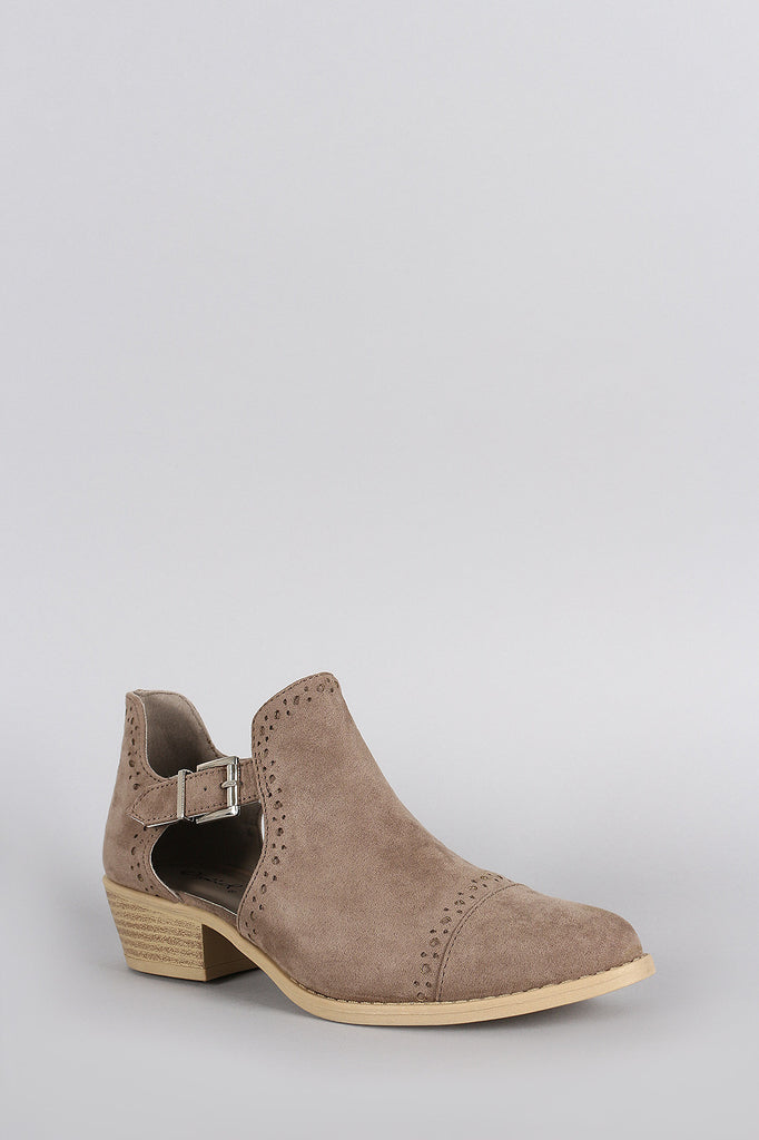 Qupid Perforated Suede Buckled Cutout Cowgirl Ankle Boots