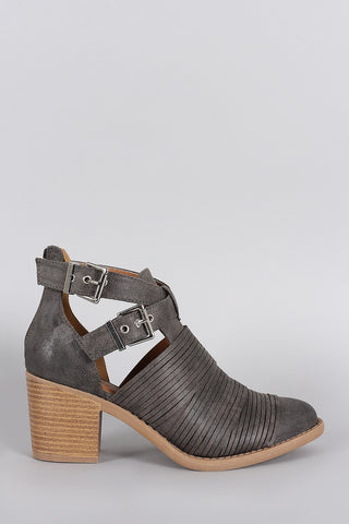 Two-Tone Snap Button Strap Chunky Heel Ankle Bootie