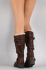 Bamboo Buckled Strap Round Toe Knee High Boots