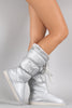 Puffy Nylon Fur Drawstring Snow Mid Calf Flat Boots