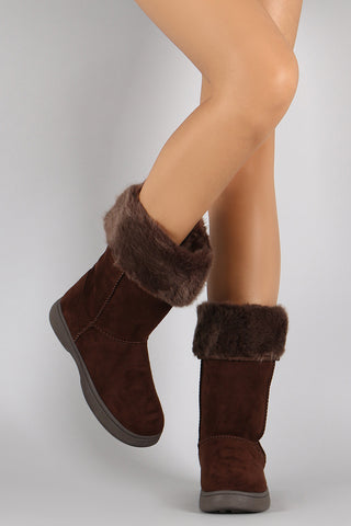 Puffy Nylon Fur Drawstring Snow Mid Calf Flat Boots