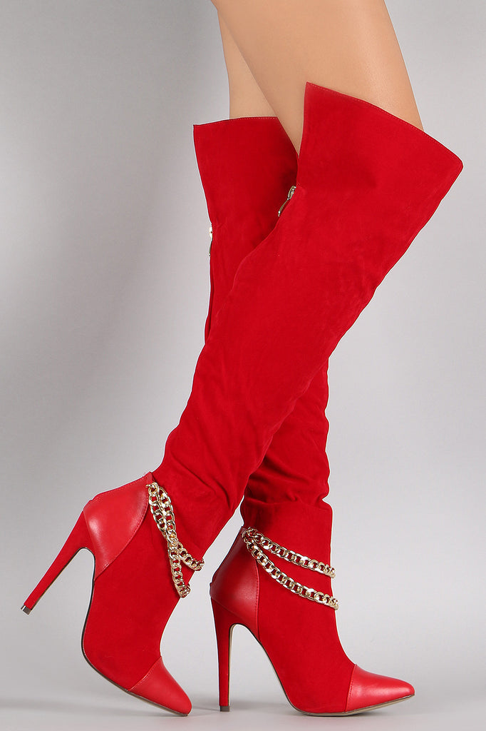 Liliana Velvet Double Chain Pointy Toe Stiletto Boots