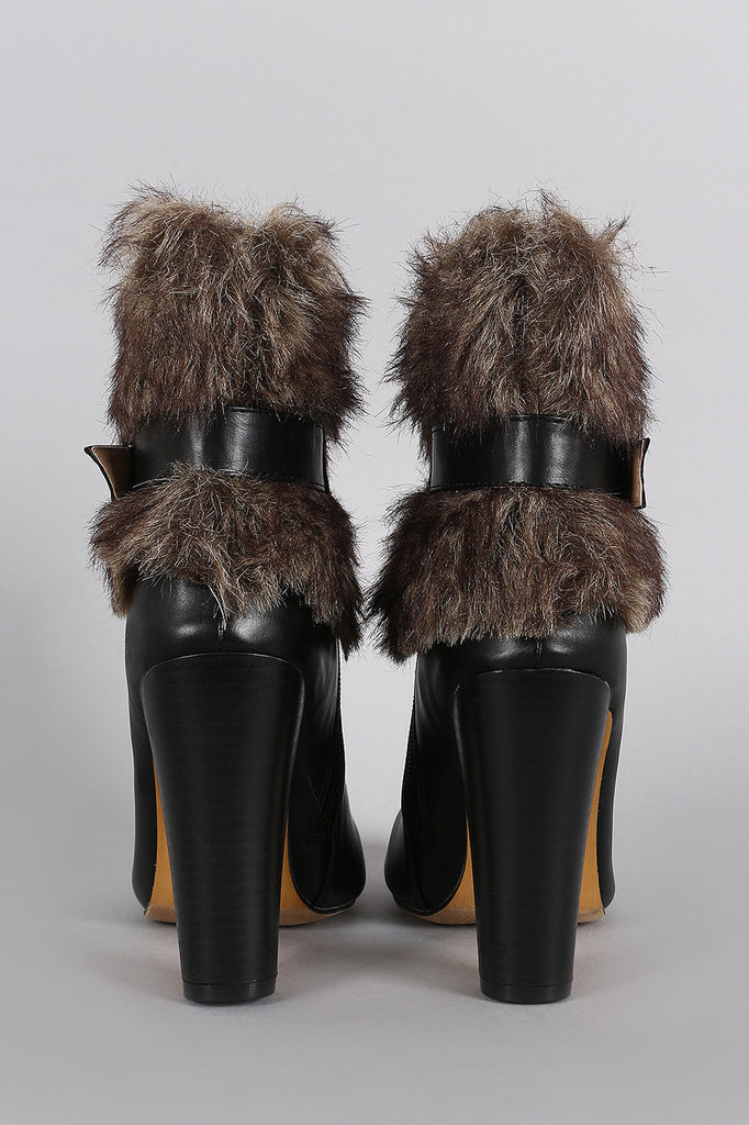 Faux Fur Buckle Almond Toe Ankle Bootie