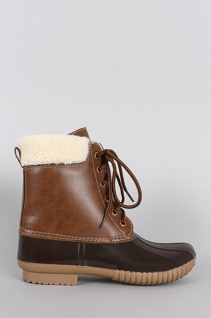 Shearling Cuff Round Toe Lace Up Duck Ankle Boots