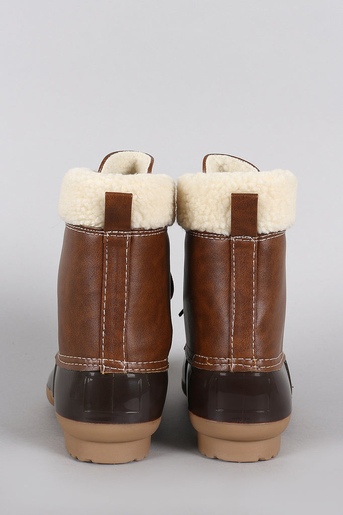 Shearling Cuff Round Toe Lace Up Duck Ankle Boots