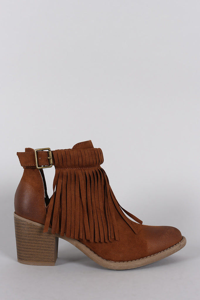 Qupid Fringe Side Cutout Chunky Heeled Booties