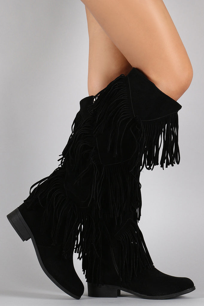 Suede Layered Fringe Round Toe Knee High Boots