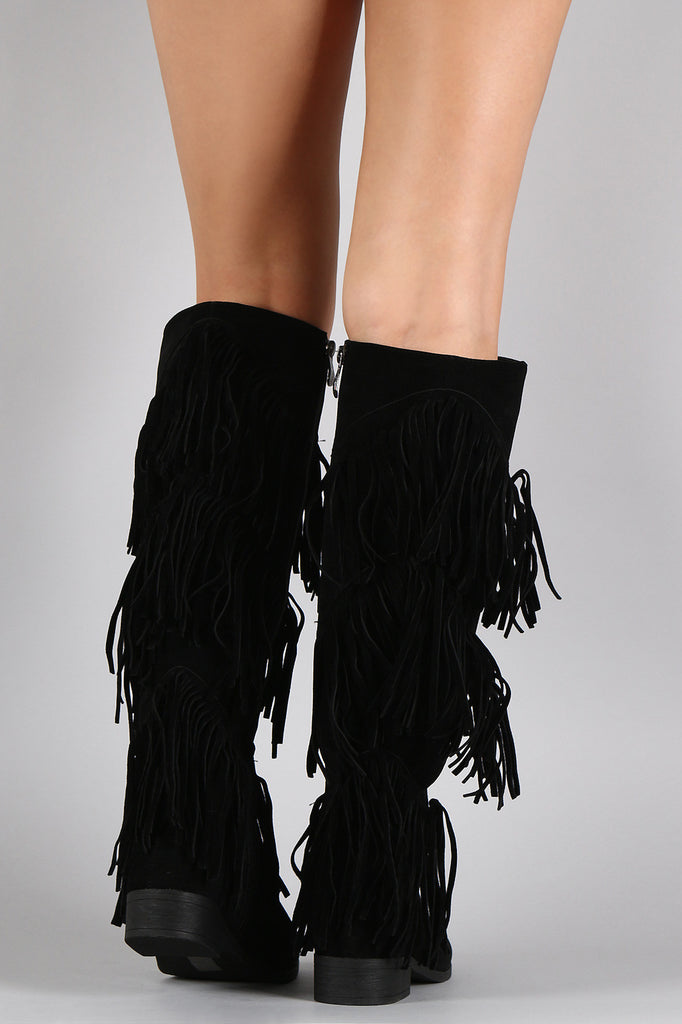 Suede Layered Fringe Round Toe Knee High Boots