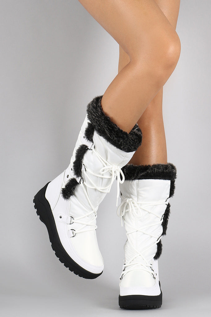 Faux Fur Cuff Lace Up Nylon Snow Boots