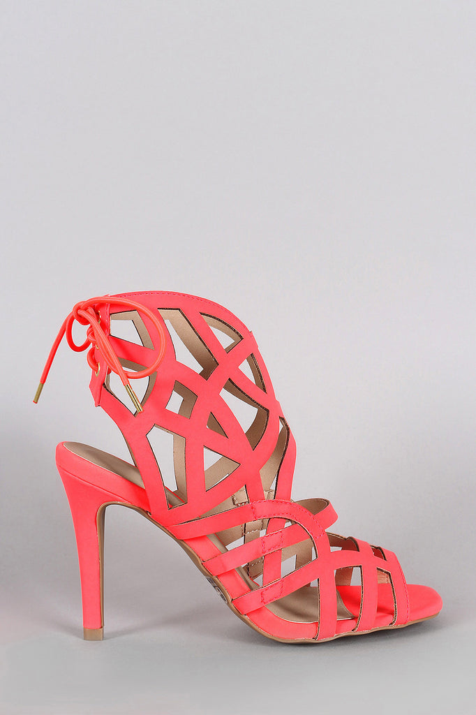 Qupid Caged Back Lace Up Open Toe Heel