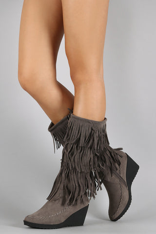 Puffy Nylon Fur Drawstring Snow Mid Calf Flat Boots