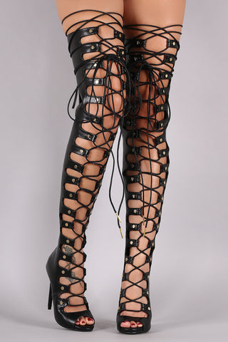 Python Perforated Scalloped Lace-Up Boots