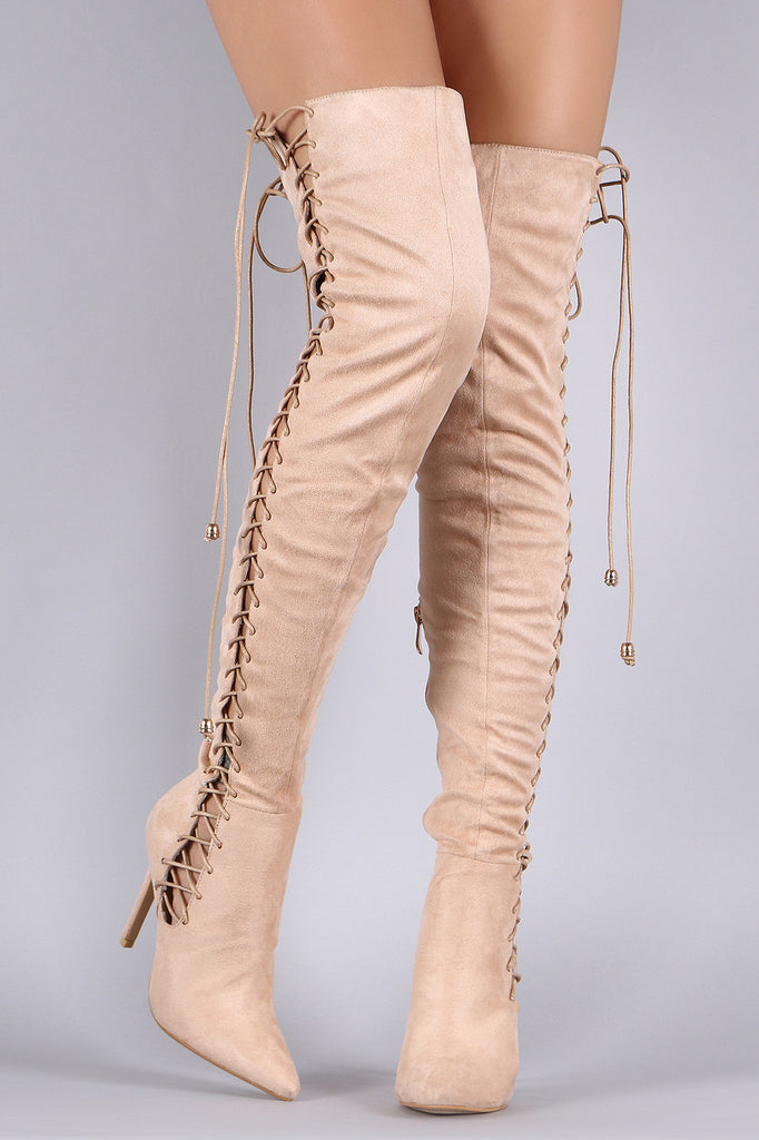 Suede Corset Lace Up Pointy Toe Stiletto Over-The-Knee Boots