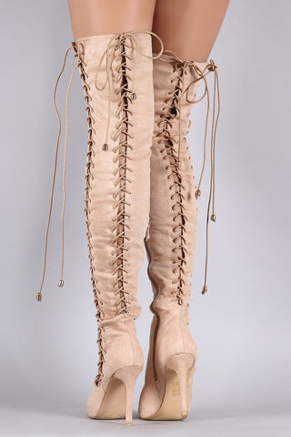 Suede Corset Lace Up Pointy Toe Stiletto Over-The-Knee Boots