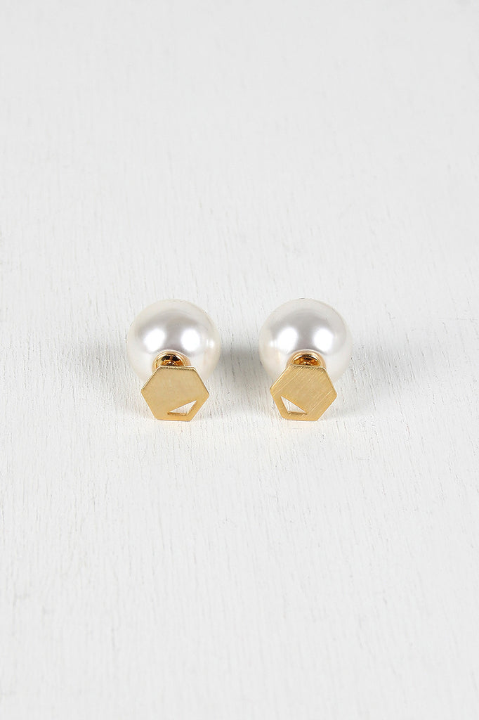 Cutout Hexagon And Pearl Double Sided Earrings