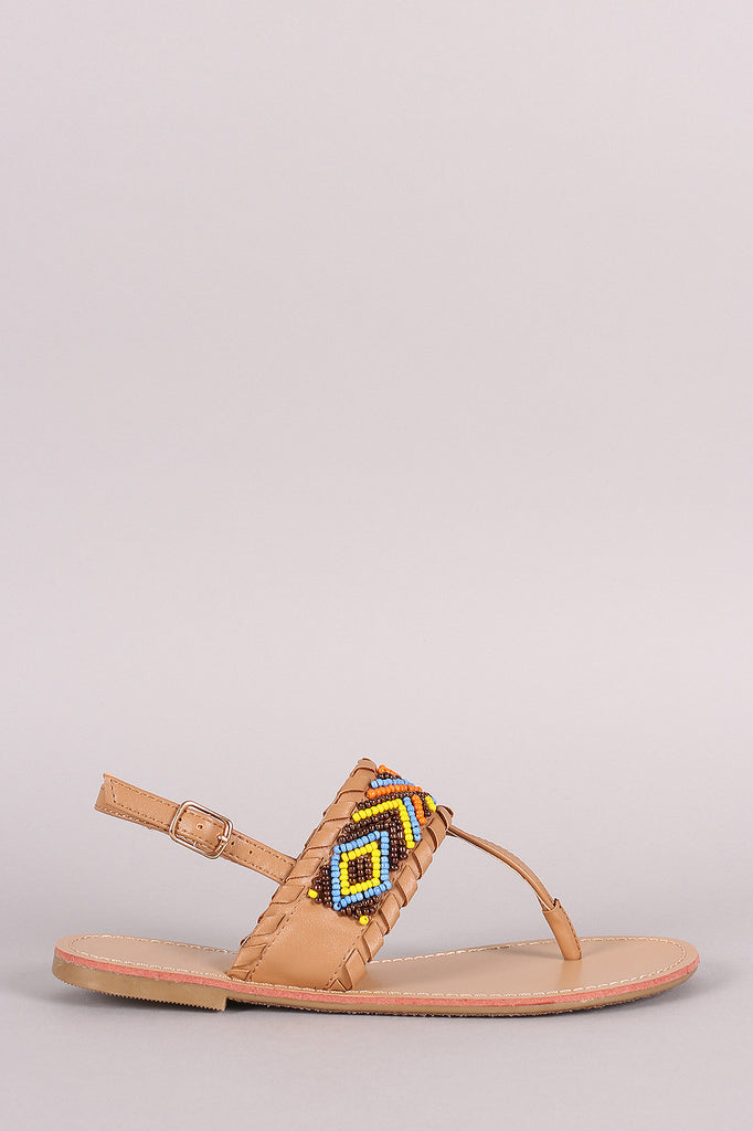 Liliana Beaded Whip Stitch T-Strap Slingback Thong Flat Sandal