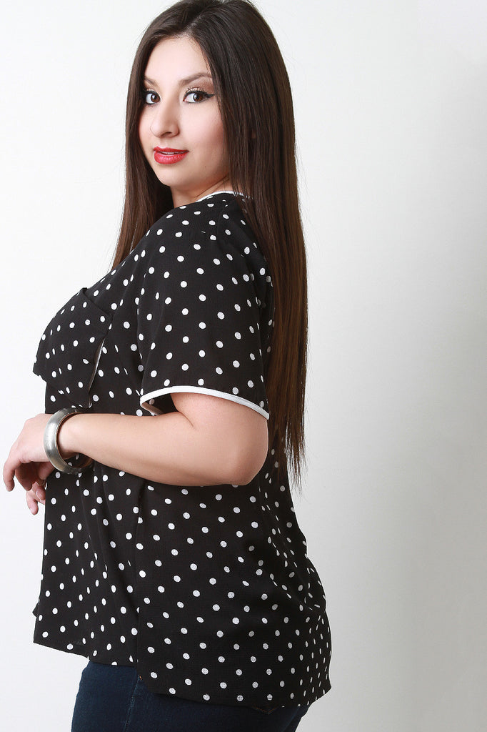 Polka Dot Print Short Sleeves Pocket Blouse