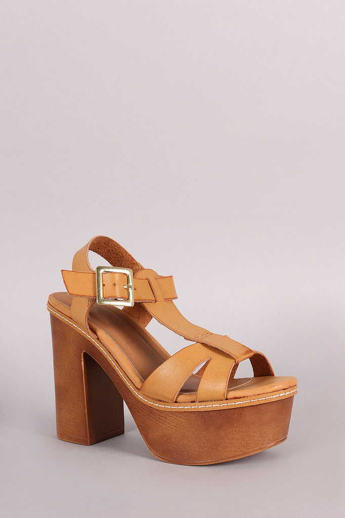 Qupid T-Strap Chunky Faux Wooden Platform Heel