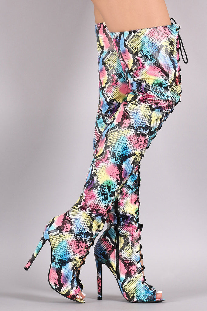 Rainbow Python Lace-Up Stiletto Over-The-Knee Boots