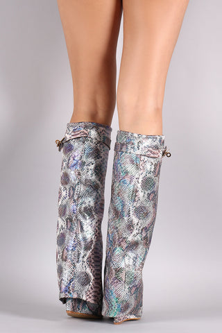 Iridescent Snake Print Fold Down Shaft Knee High Boots