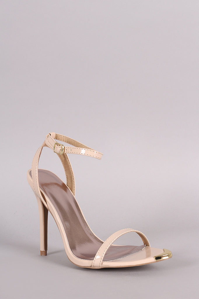 Qupid Patent Gold Tip Ankle Strap Stiletto Heel