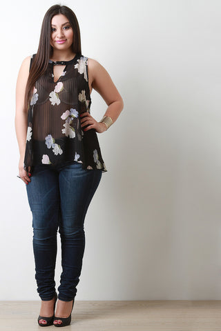 Floral Keyhole Sleeveless Chiffon Top