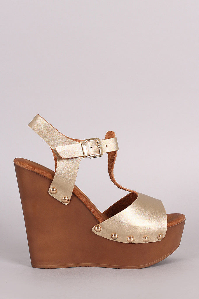 Studded T-Strap Faux Wooden Platform Wedge