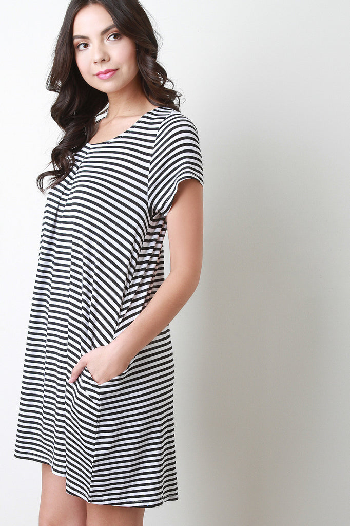 Stripe Short Sleeves Pleat Front Flare Dress