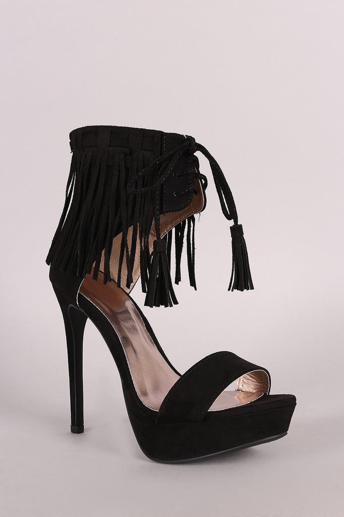 Qupid Suede Lace Up Fringe Cuff Stiletto Platform Heel