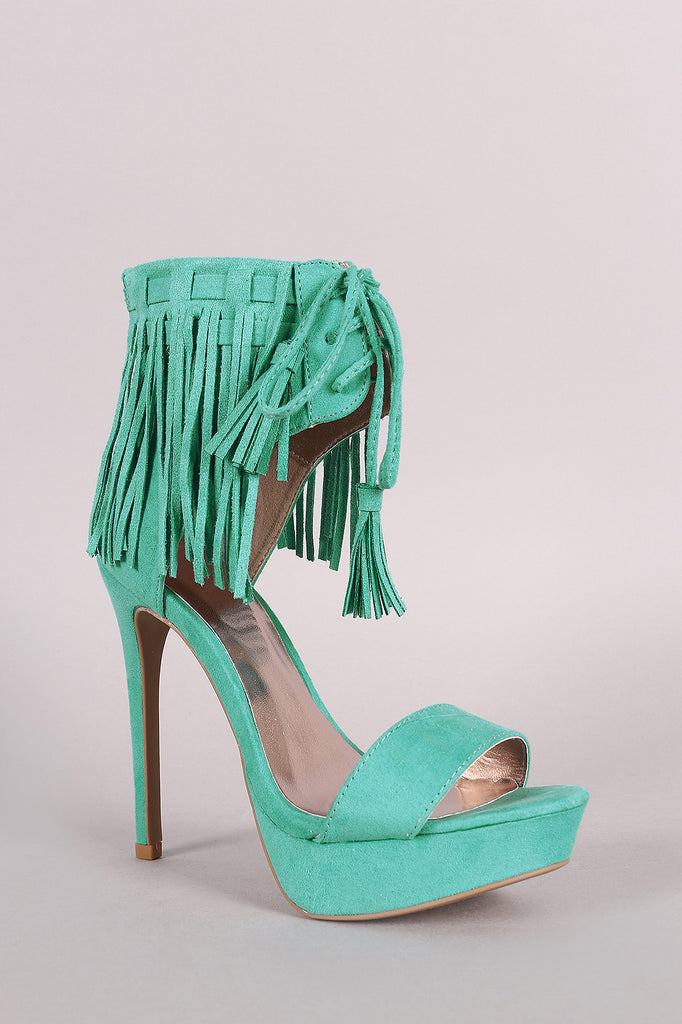 Qupid Suede Lace Up Fringe Cuff Stiletto Platform Heel