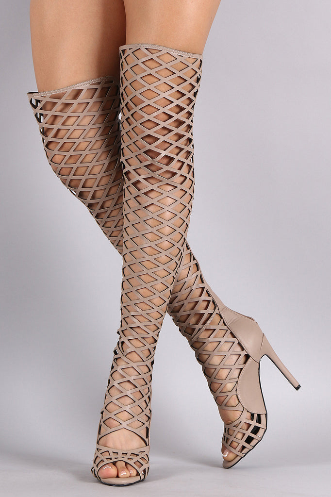 Caged Peep Toe Over The Knee Stiletto Boot