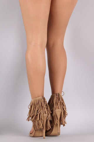 Shoe Republic LA Fringe Lace Cuff Open Toe Heel