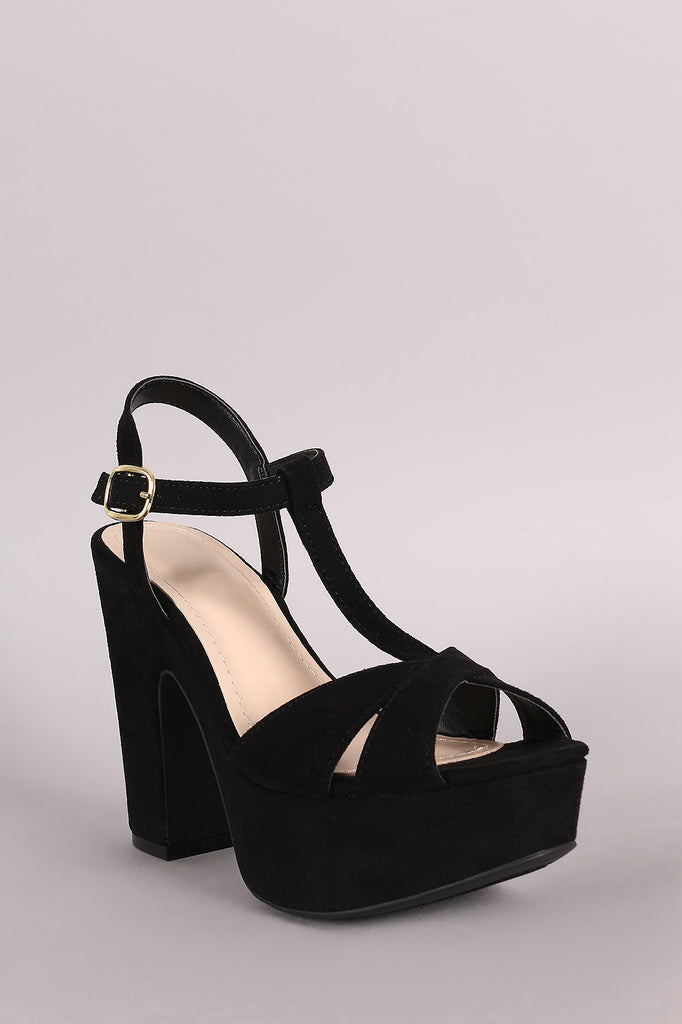 Bamboo T-Strap Open Toe Platform Chunky Heel