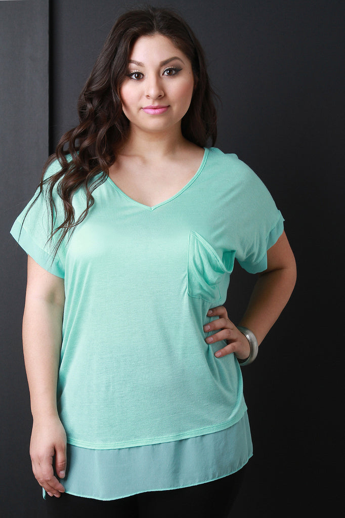 Pocket Short Sleeve Sheer Hem Top