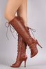 Perforated Peep Toe Lace Up Knee High Boots