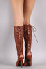 Perforated Peep Toe Lace Up Knee High Boots