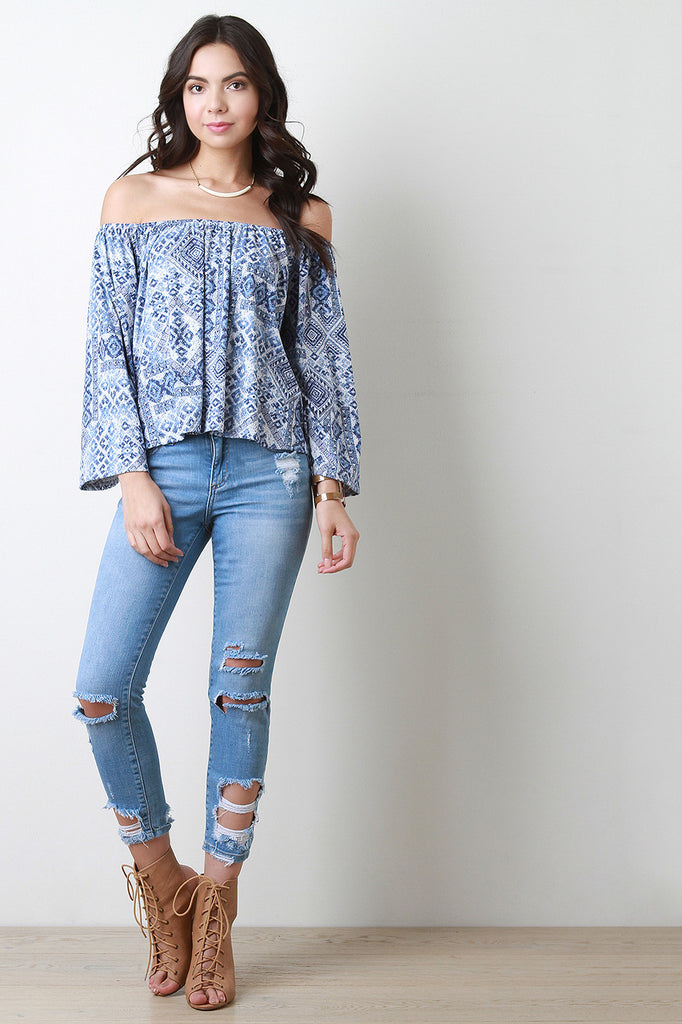 Tribal Off-The-Shoulder Bell Sleeve Blouse Top