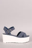 Bamboo Denim Crisscross Ankle Strap Lug Sole Fatform Wedge