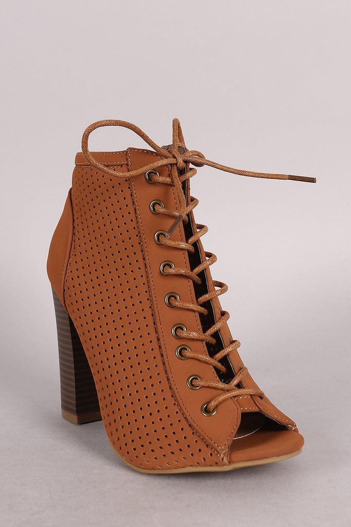 Bamboo Perforated Lace Up Chunky Heeled Booties