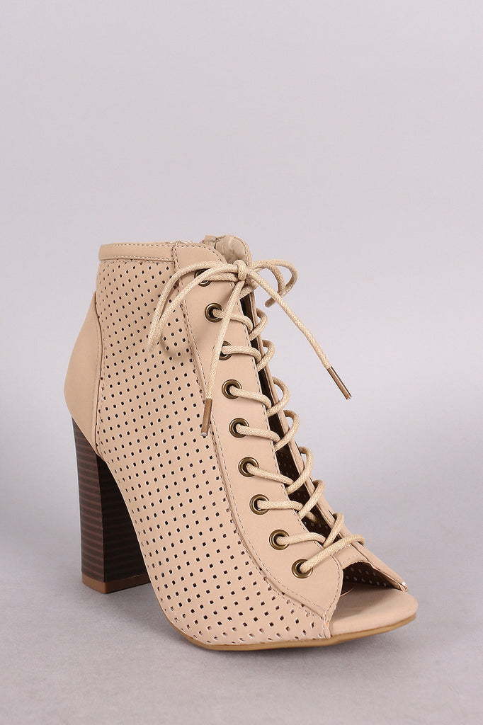 Bamboo Perforated Lace Up Chunky Heeled Booties