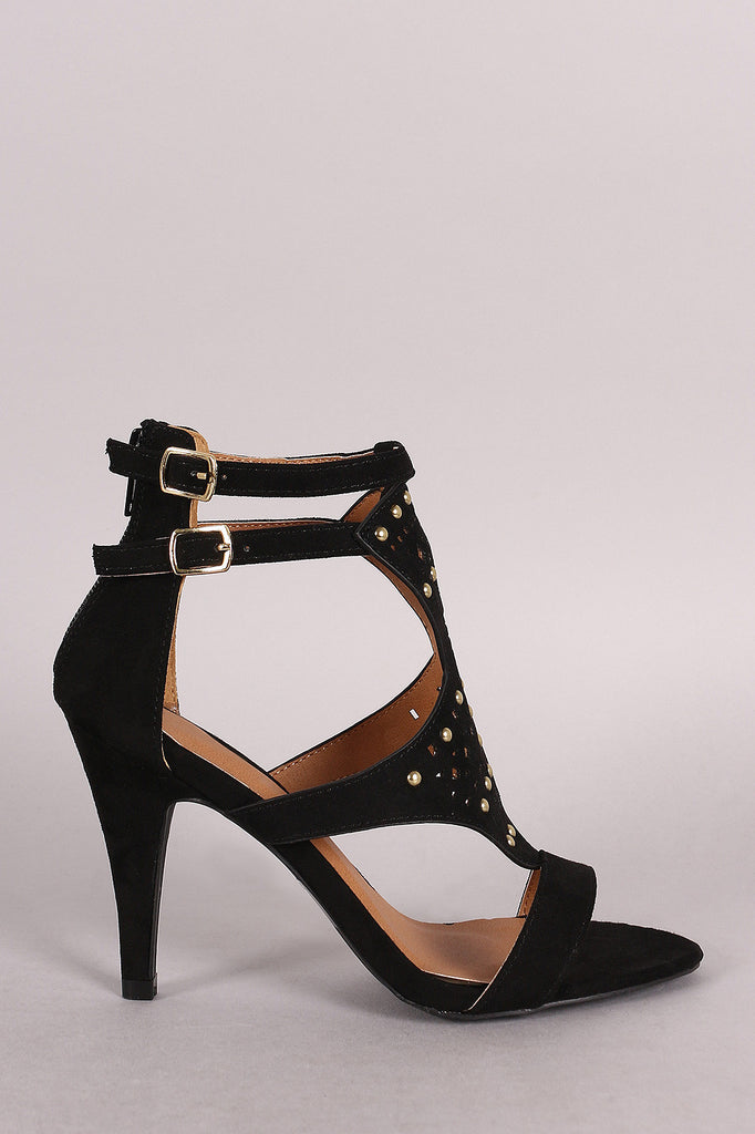 Qupid Suede Perforated And Studded Open Toe Heel