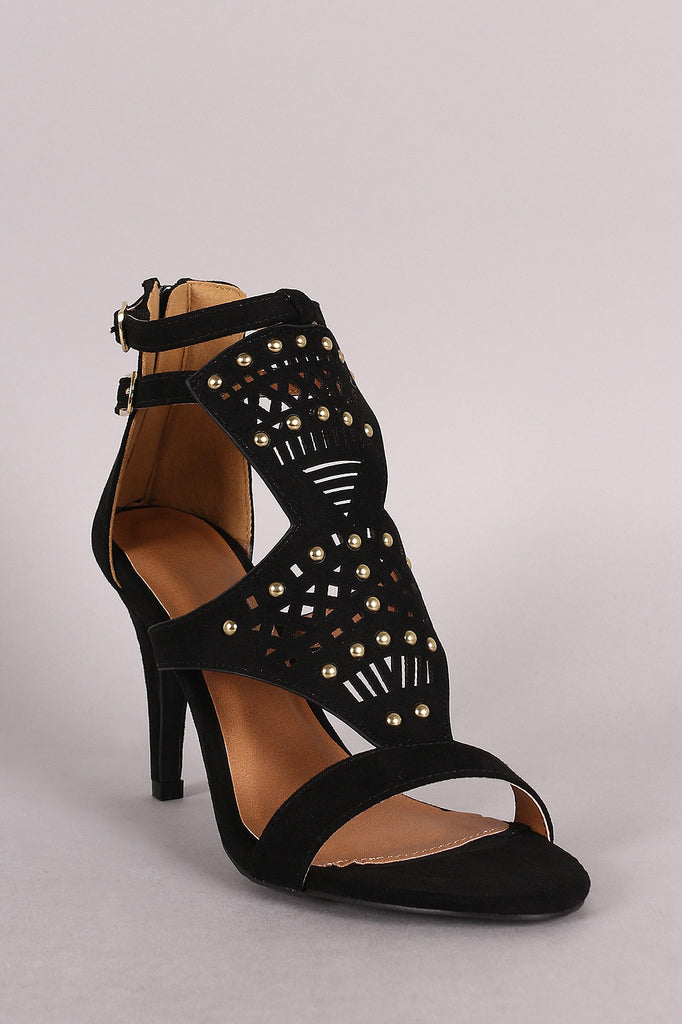 Qupid Suede Perforated And Studded Open Toe Heel