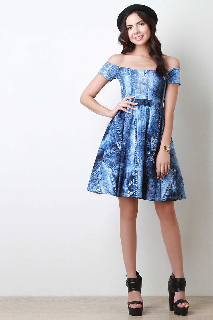 Off The Shoulder Denim Print Skater Dress