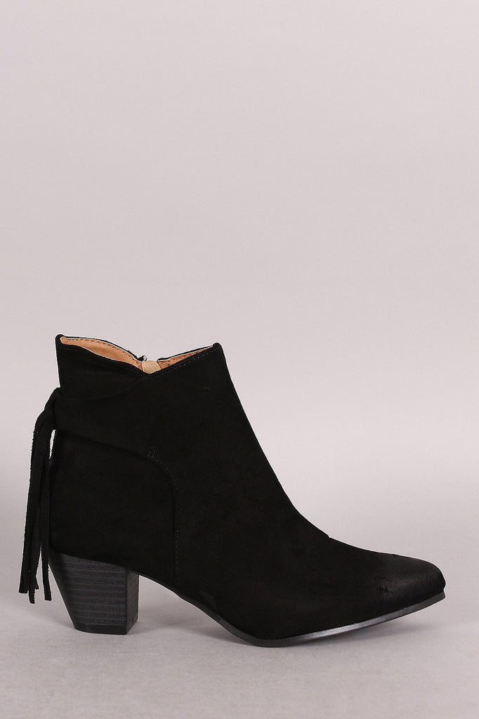 Qupid Suede Fringe Pointy Toe Chunky Heeled Booties