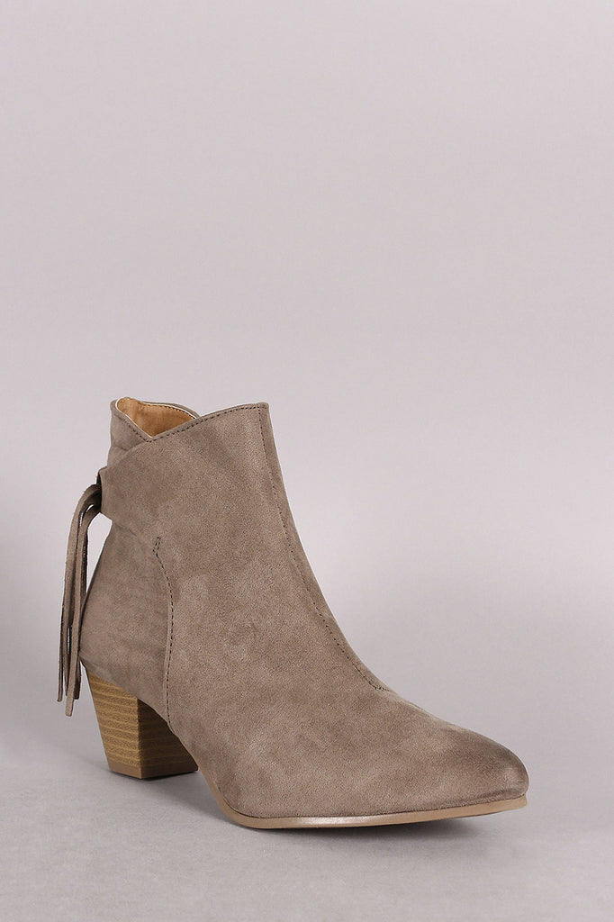 Qupid Suede Fringe Pointy Toe Chunky Heeled Booties