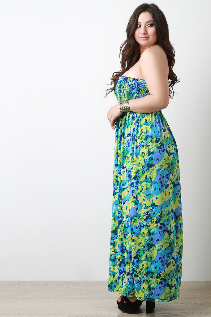 Abstract Empire Waist Strapless Maxi Dress