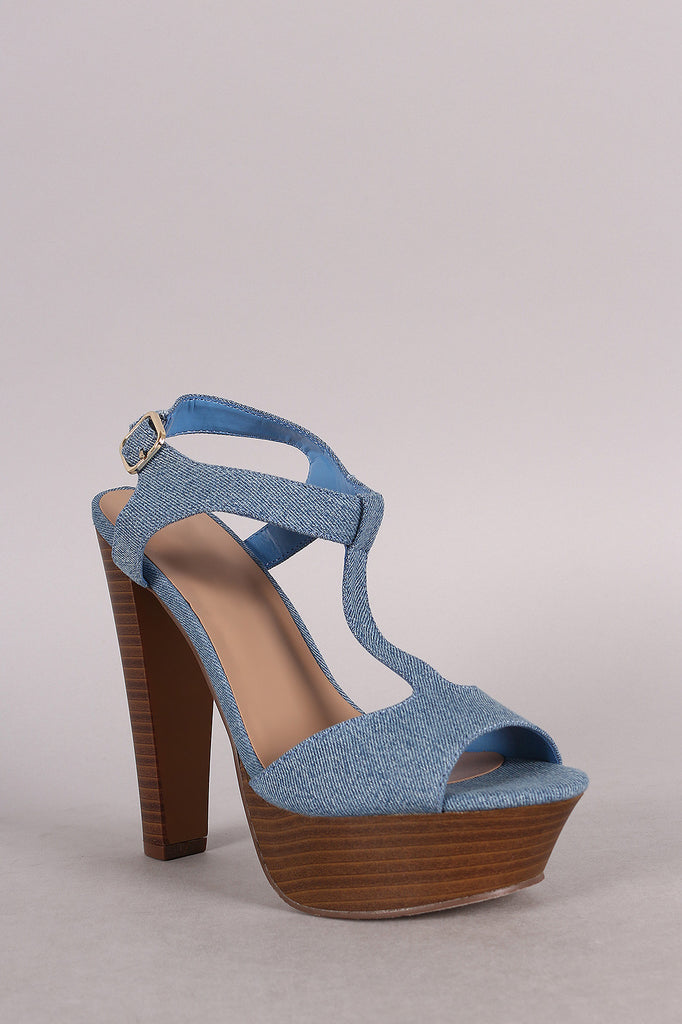 Breckelle Denim T-Strap Peep Toe Platform Heel