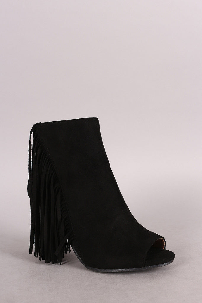 Wild Diva Lounge Suede Fringe Peep Toe Chunky Heel Booties