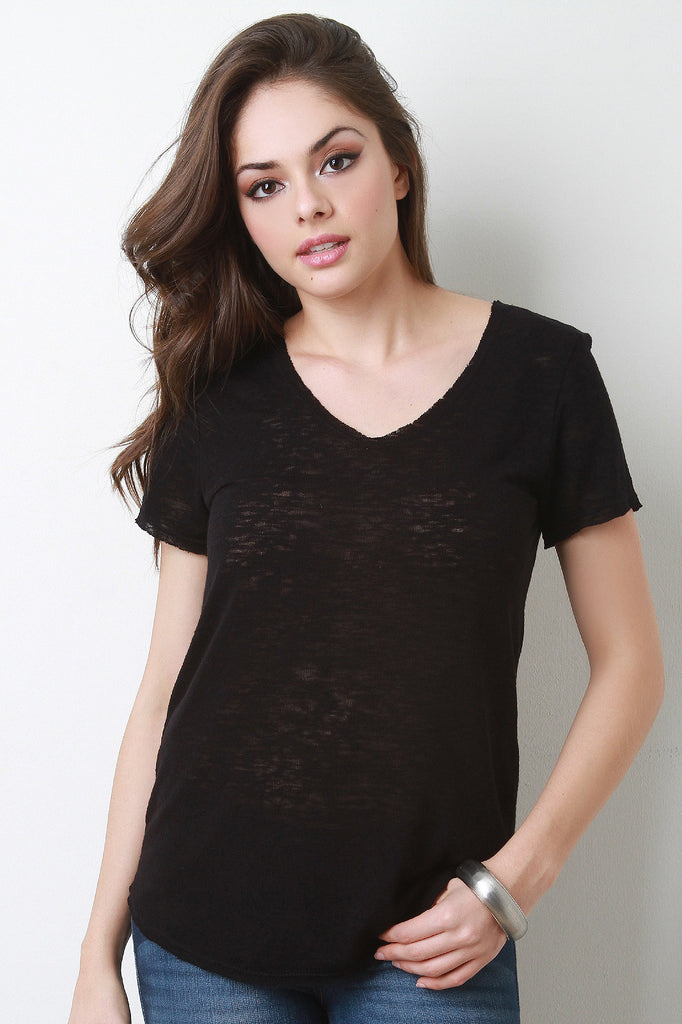 V-Neck Raw Edge Tee Shirt